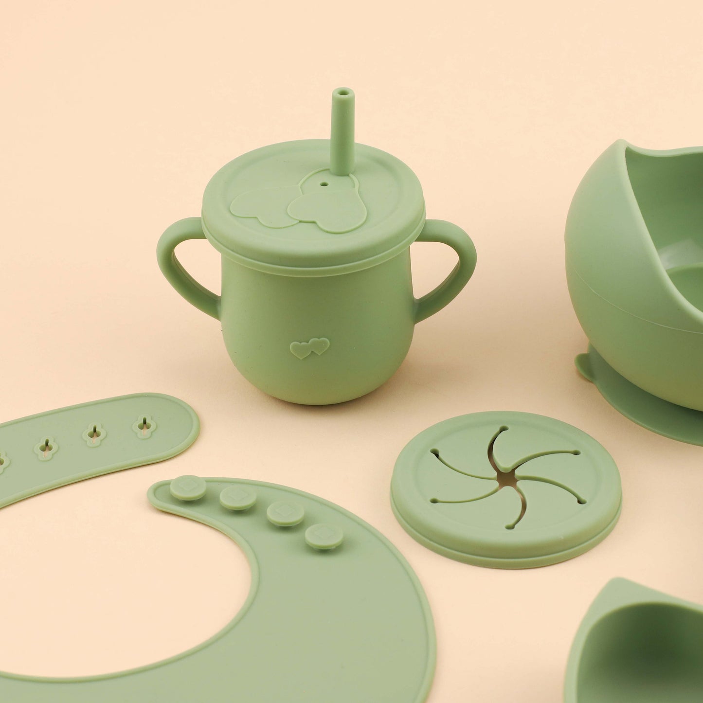 baby silicone tableware set with cartoon squirrel dinner plate and bowl, 2-in-1 water cup, snack cup, spoon and fork