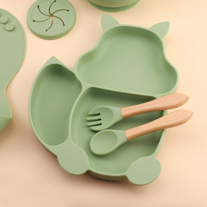 baby silicone tableware set with cartoon squirrel dinner plate and bowl, 2-in-1 water cup, snack cup, spoon and fork