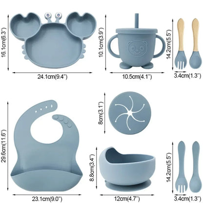 baby silicone tableware set with cartoon squirrel dinner plate and bowl, 2-in-1 water cup, snack cup, spoon and fork