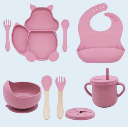 baby silicone tableware set with cartoon squirrel dinner plate and bowl, 2-in-1 water cup, snack cup, spoon and fork