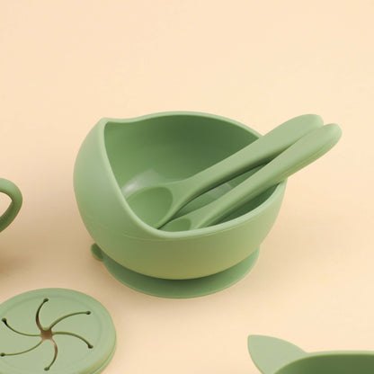 baby silicone tableware set with cartoon squirrel dinner plate and bowl, 2-in-1 water cup, snack cup, spoon and fork